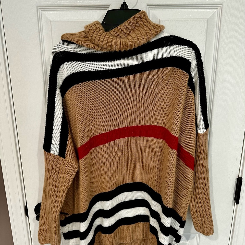 Striped Cowl-Neck Sweater Dress from France - Tan, Black, White, Red
